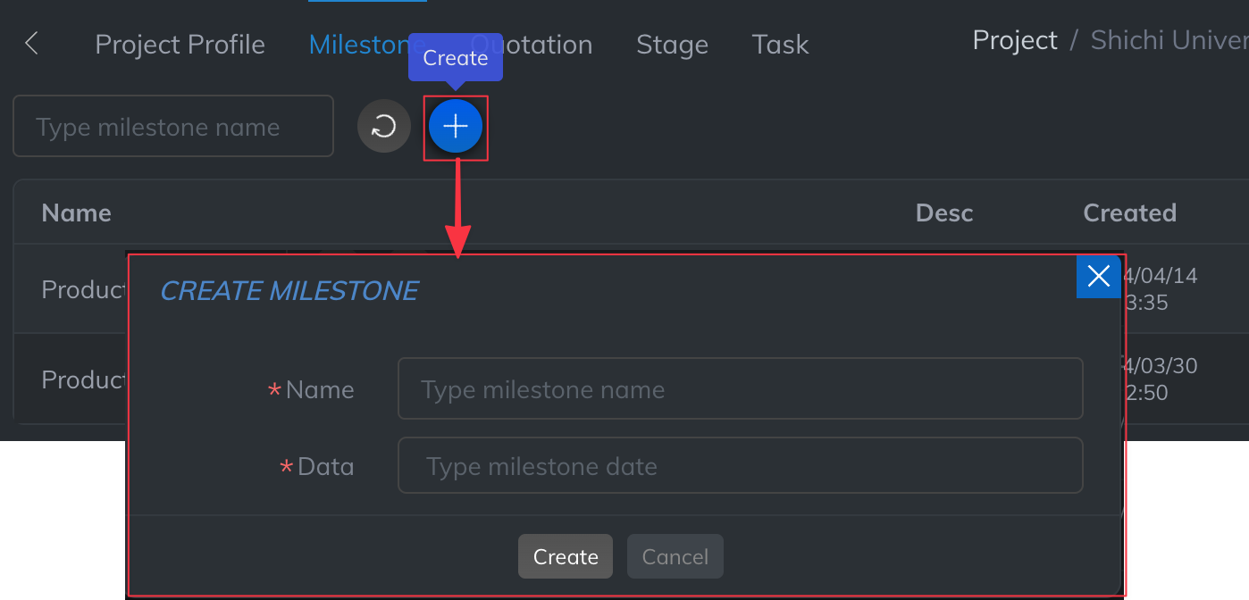 Project milestone add