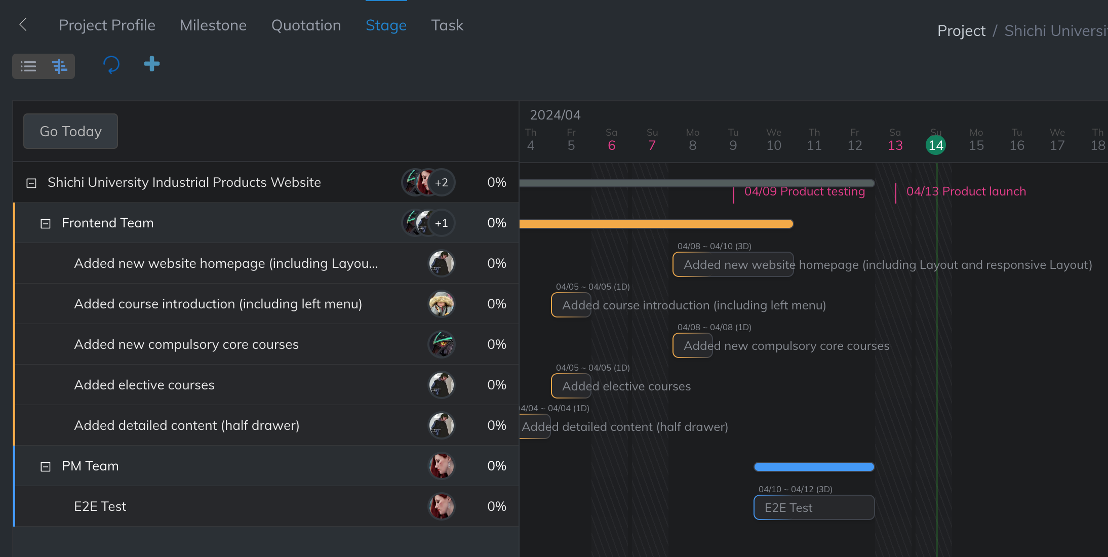 Project milestone gantt